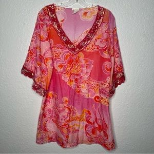 Emamo Womens Silk Abstract Printed V-Neck Floral Kaftan Cover Up Pink Small.